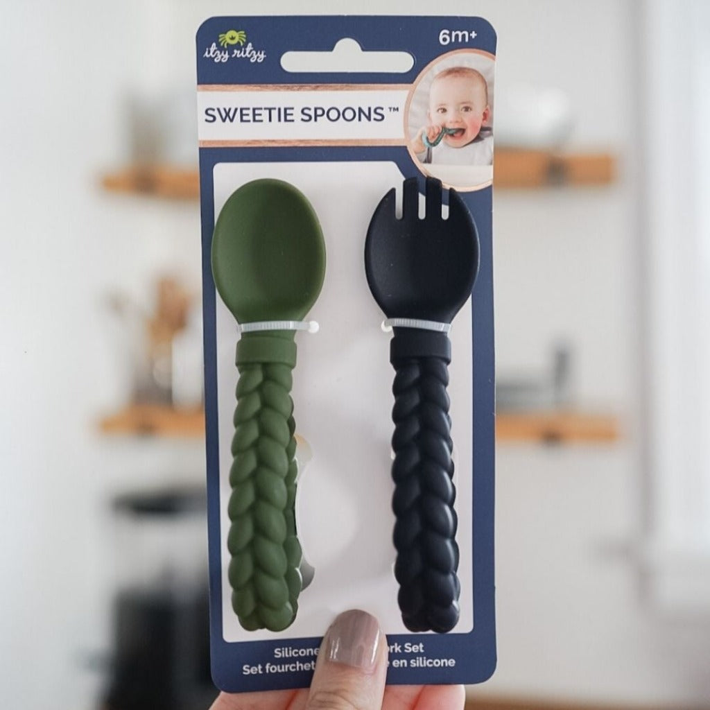 Sweetie Spoons™ - Silicone Baby Fork + Spoon Set Feeding Itzy Ritzy® Camo & Midnight