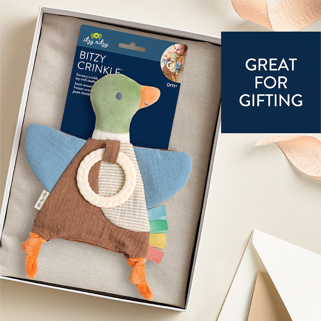 Bitzy Crinkle™ Sensory Crinkle Toy with Teether Toy Itzy Ritzy Mallard Duck