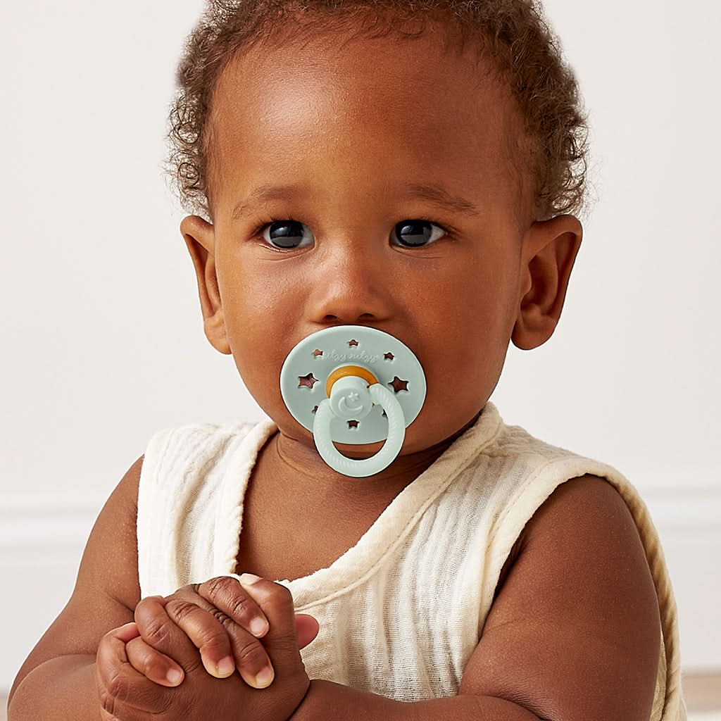 Itzy Soother™ Glow in the Dark Natural Rubber Pacifier - 0-6M Juniper and Steel