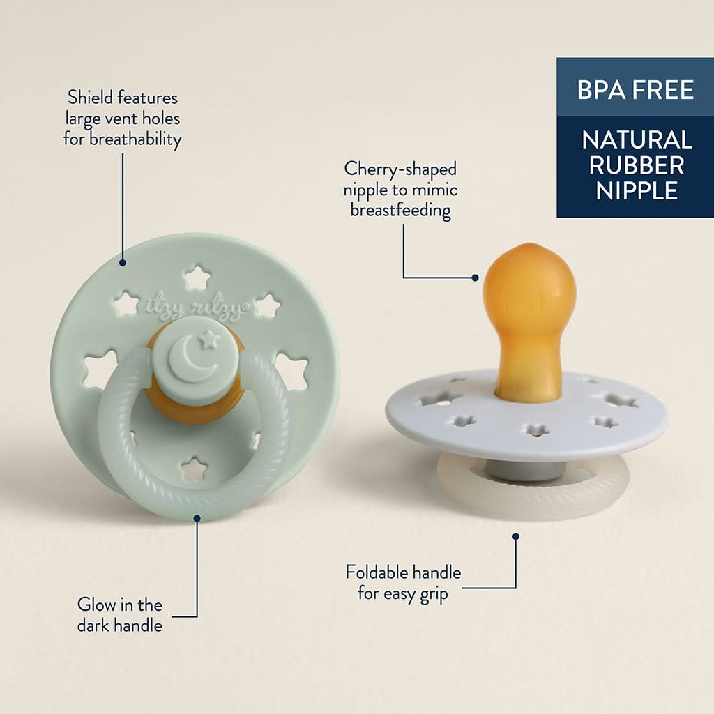 Itzy Soother™ Glow in the Dark Natural Rubber Pacifier - 0-6M Juniper and Steel