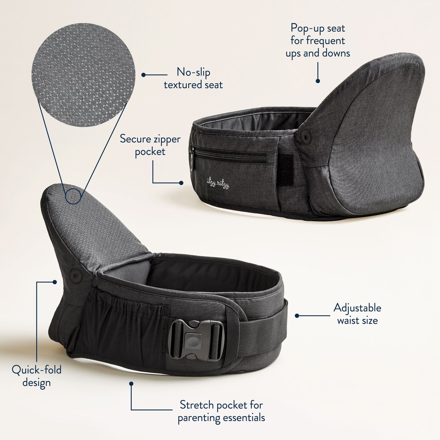 Itzy Hold & Fold™ Hip Seat Baby Carrier - Black