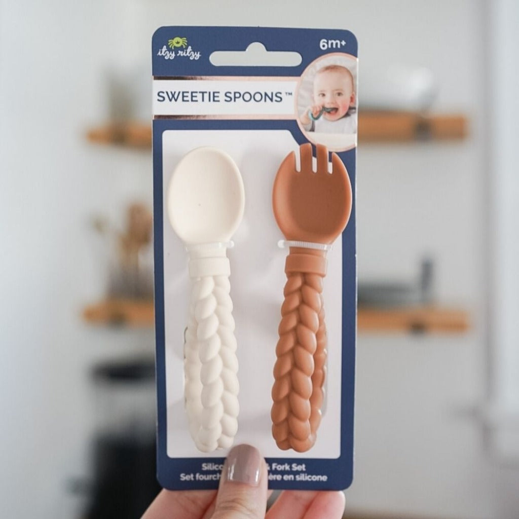 Sweetie Spoons™ - Silicone Baby Fork + Spoon Set Feeding Itzy Ritzy® Buttercream & Toffee 