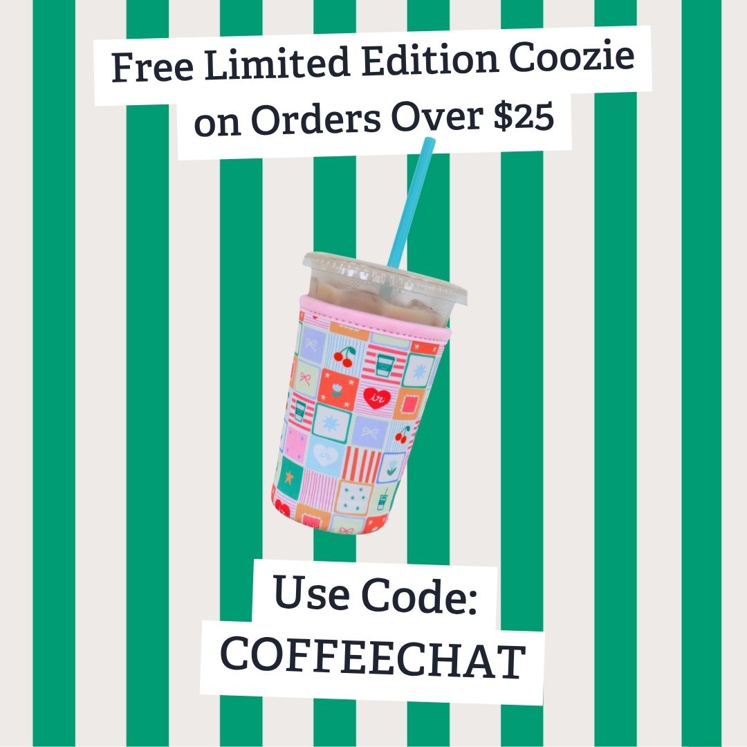 Promotional graphic for a free limited edition coozie with a colorful cup on a green and white striped background.