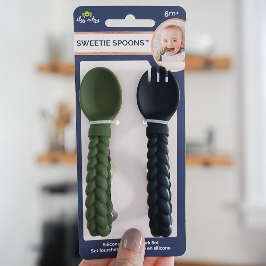 Sweetie Spoons™ - Silicone Baby Fork + Spoon Set Feeding Itzy Ritzy® Camo & Midnight 