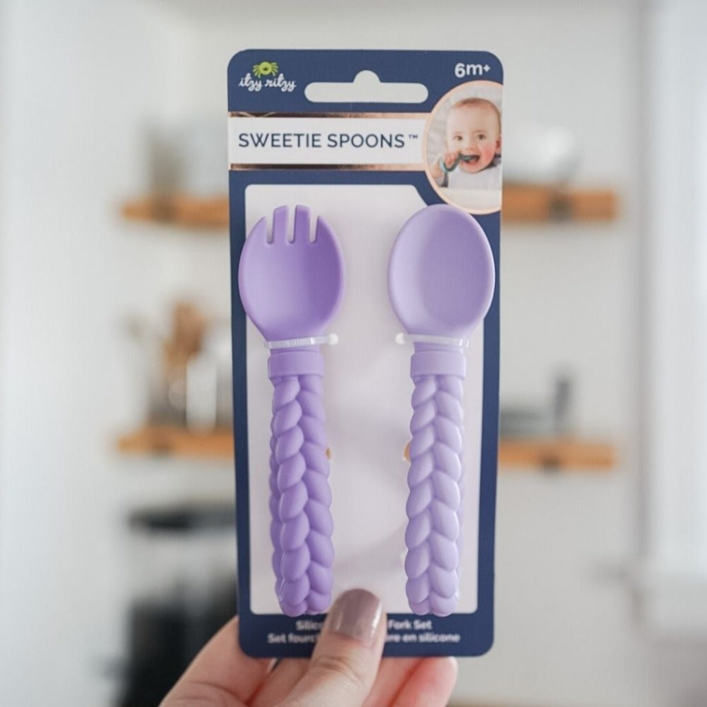 Sweetie Spoons™ - Silicone Baby Fork + Spoon Set Feeding Itzy Ritzy® Amethyst & Purple Diamond
